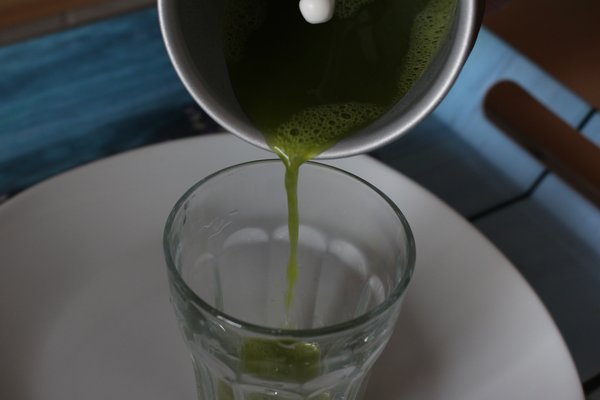 Pr&eacute;paration du th&eacute; Matcha, Camellia sinensis th&eacute; vert, poudre de th&eacute; Matcha infus&eacute;e avec le mousseur &agrave; lait