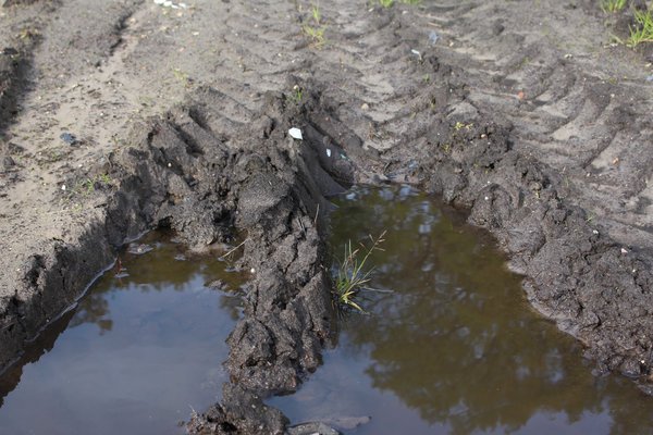 Staun&auml;sse, Baufahrzeuge verdichten den Boden, Bodenverdichtung, N&auml;sse, Pf&uuml;tze, Wasser, Regen, Dauerregen
